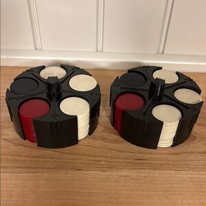 Vintage Mini Poker Chips. Two Sets with Holders 152 chips total.